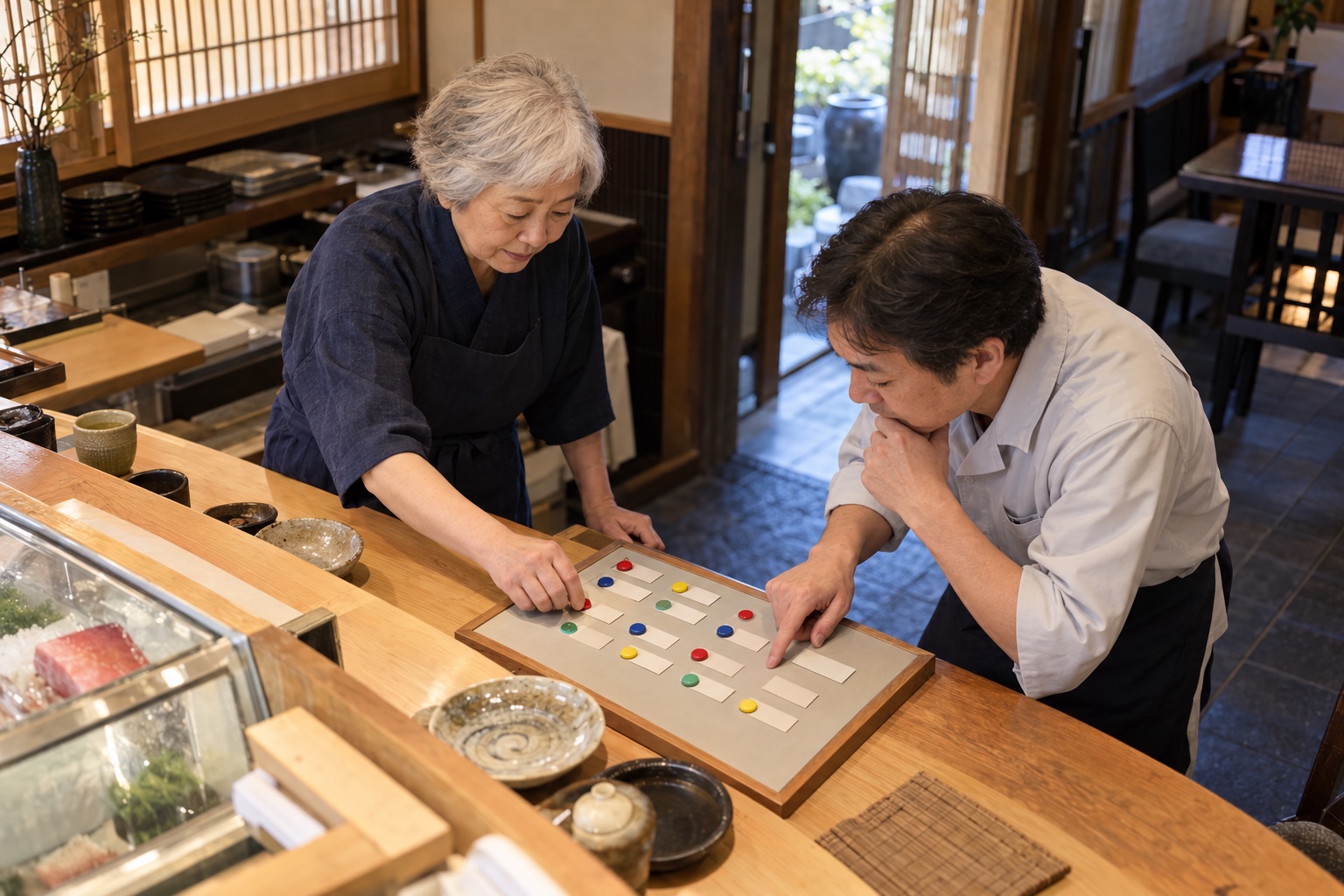 寿司店のカウンターで勤務を組む店主と店長。AI生成のイメージで、実際の画面・事例・提供内容を示すものではありません。