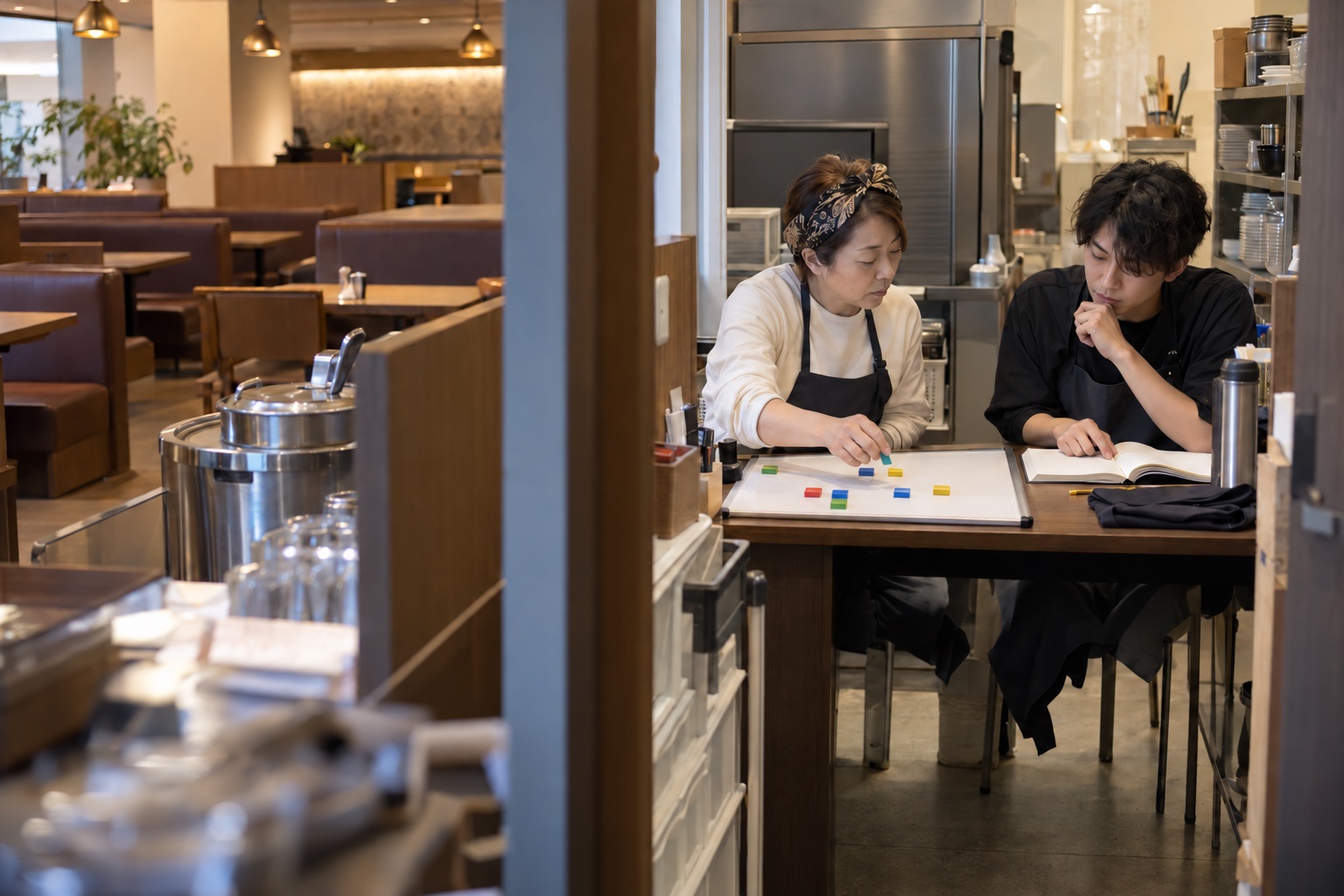 商業施設のカレー店で試験週の勤務を相談する二人。AI生成のイメージで、実際の画面・事例・提供内容を示すものではありません。