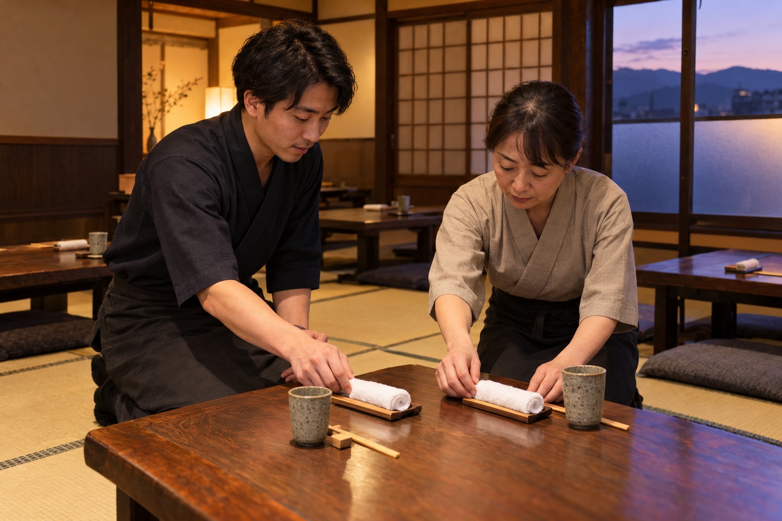 居酒屋の畳席でおしぼりの準備を教わる新人。AI生成のイメージで、実際の画面・事例・提供内容を示すものではありません。