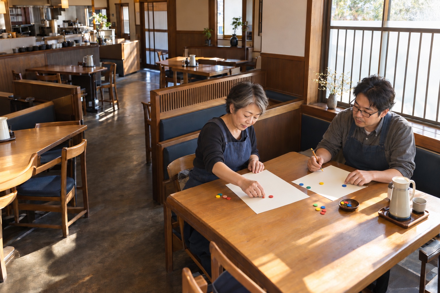定食屋の休憩時間に勤務を組む店主と店長。AI生成のイメージで、実際の画面・事例・提供内容を示すものではありません。