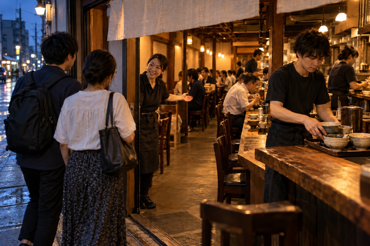 夜のラーメン店で行列案内と片付けを分担する店員。AI生成のイメージで、実際の画面・事例・提供内容を示すものではありません。