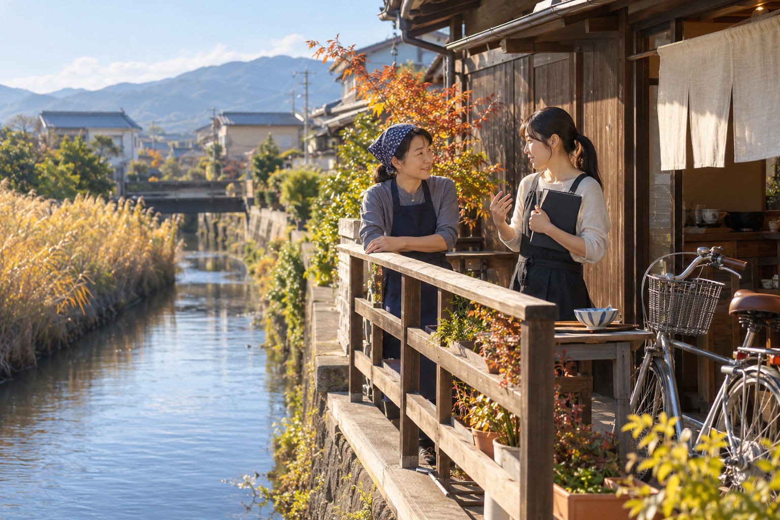 うどん店のテラスで勤務予定を相談する学生。AI生成のイメージで、実際の画面・事例・提供内容を示すものではありません。