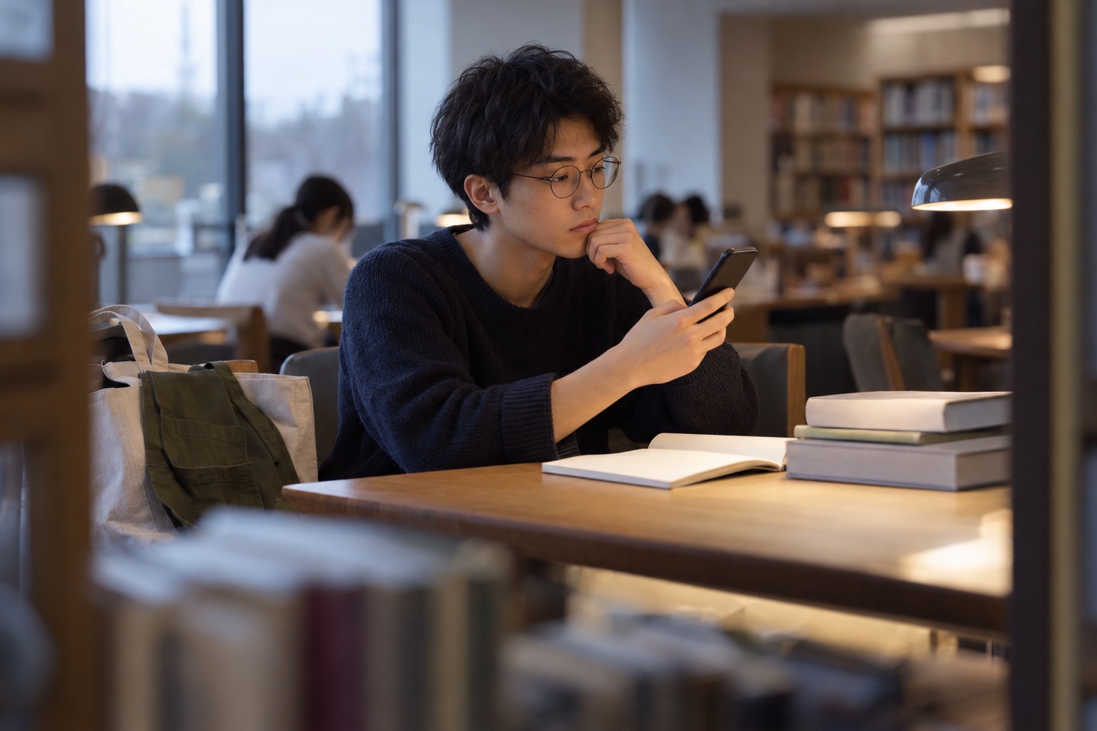 図書館で勉強の合間に勤務予定を確かめる学生。AI生成のイメージで、実際の画面・事例・提供内容を示すものではありません。