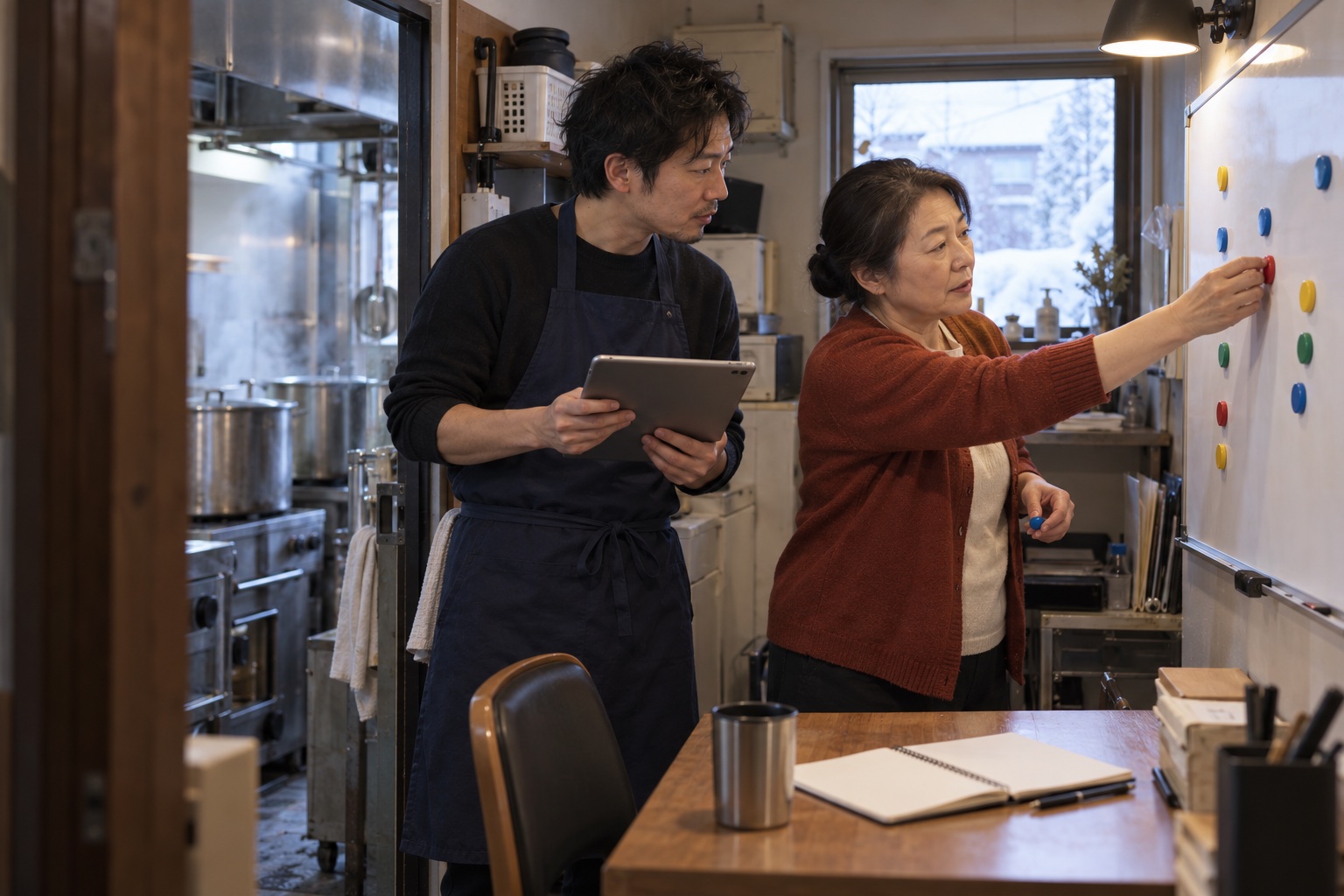 雪の日のラーメン店で勤務を組む二人。AI生成のイメージで、実際の画面・事例・提供内容を示すものではありません。