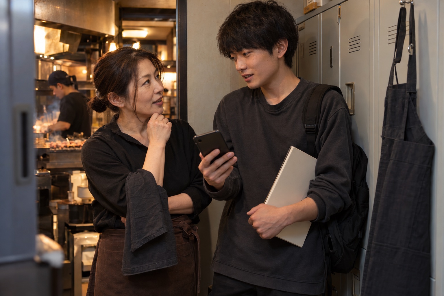 焼き鳥店の更衣室で勤務交代を相談する二人。AI生成のイメージで、実際の画面・事例・提供内容を示すものではありません。