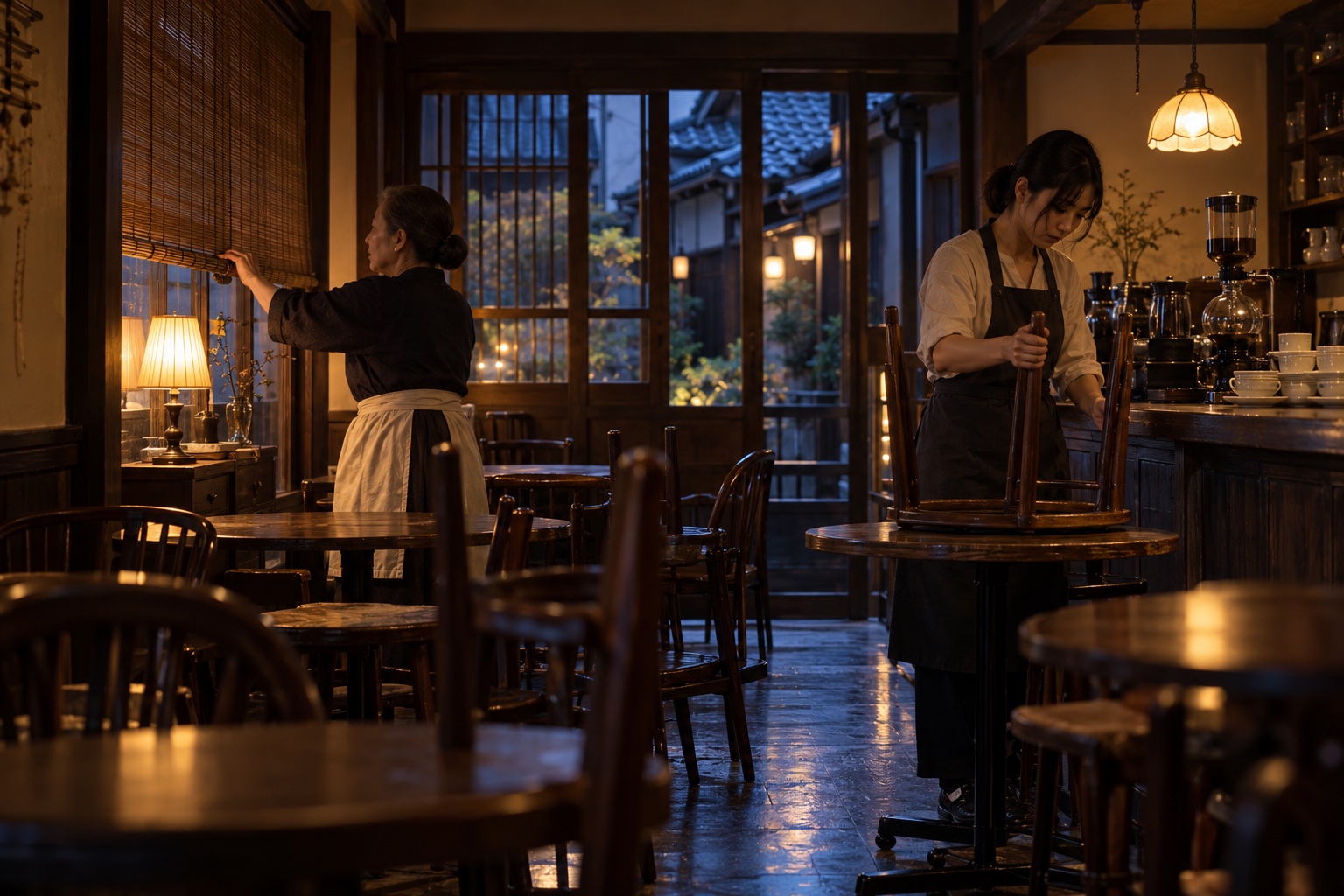 夕暮れの喫茶店でブラインドを下ろす店主。AI生成のイメージで、実際の画面・事例・提供内容を示すものではありません。