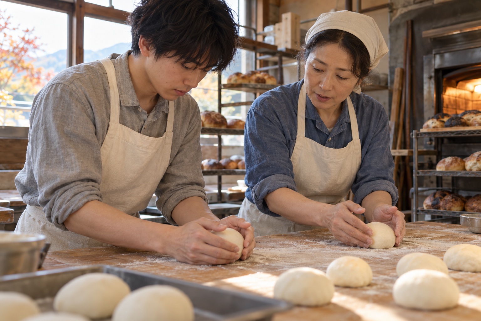 朝のパン工房で丸パンの成形を教わる新人。AI生成のイメージで、実際の画面・事例・提供内容を示すものではありません。