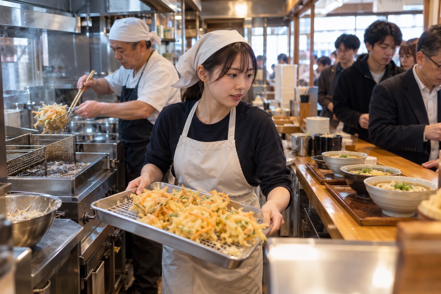 昼のうどん店で揚げたての天ぷらを運ぶ店員。AI生成のイメージで、実際の画面・事例・提供内容を示すものではありません。