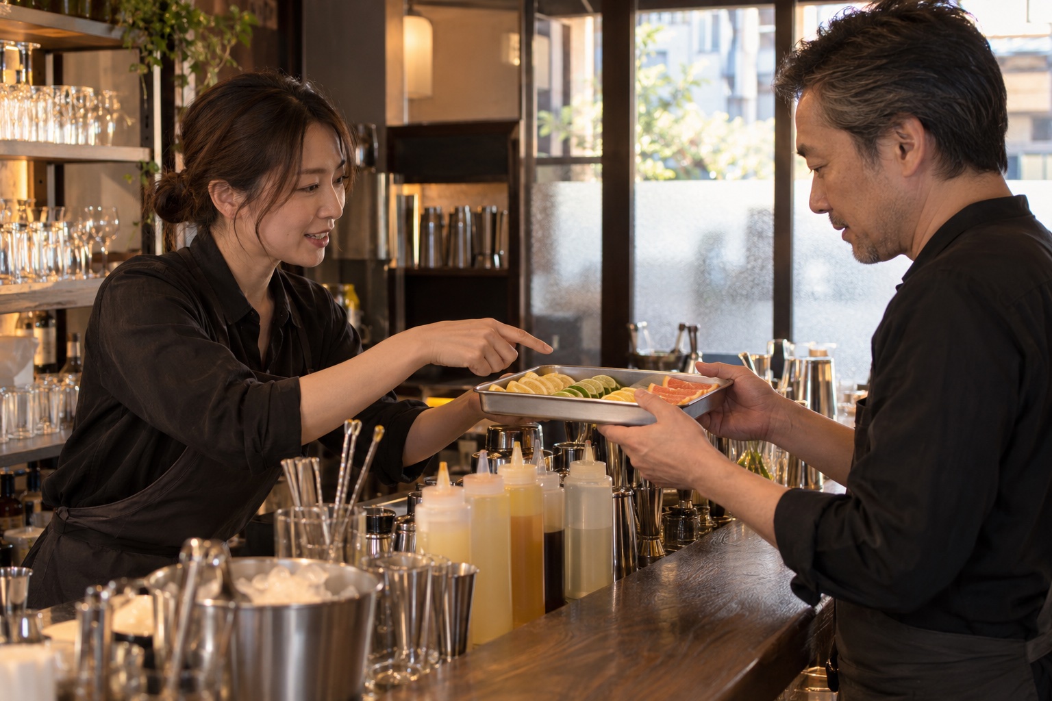 立ち飲みバーで仕込みを引き継ぐバーテンダー。AI生成のイメージで、実際の画面・事例・提供内容を示すものではありません。